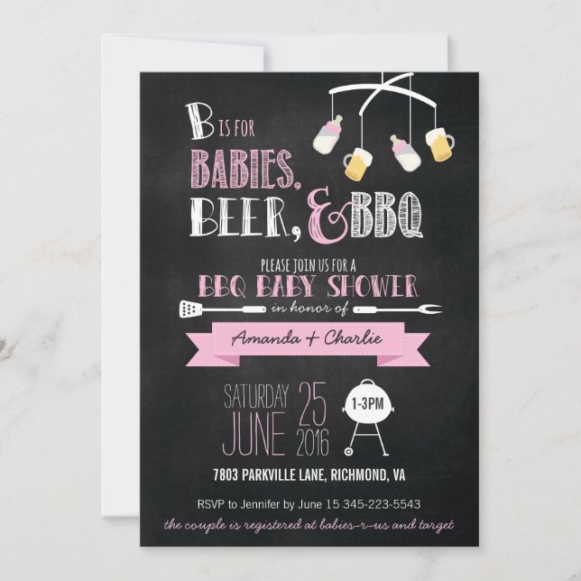 Bebés, cerveza y invitación rosados del Bbq Baby (Anverso)