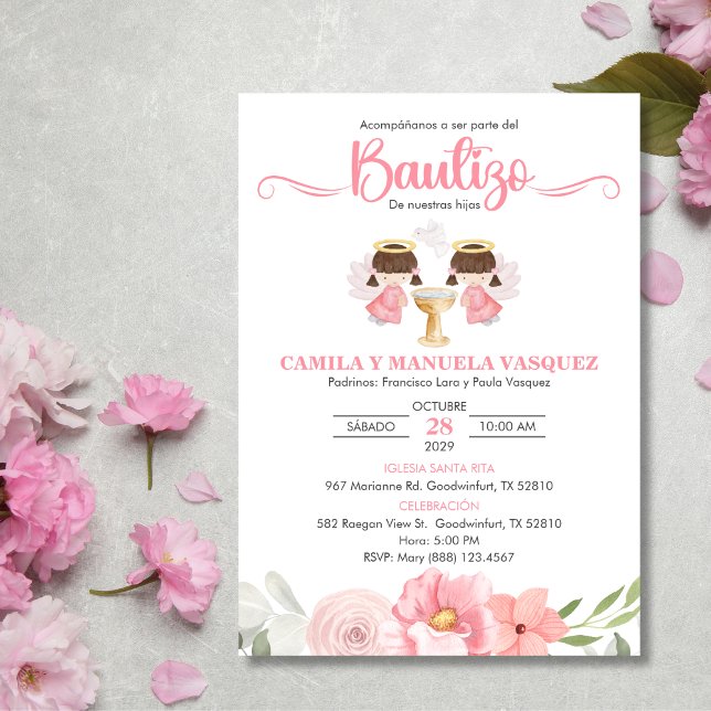 Bebés gemelos Invitación Bautizo Flores Bautismo (Subido por el creador)