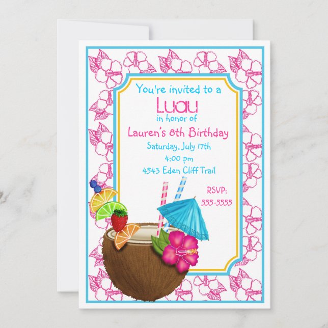 Bebida de coco tropical Luau Invitaciones de cumpl (Anverso)