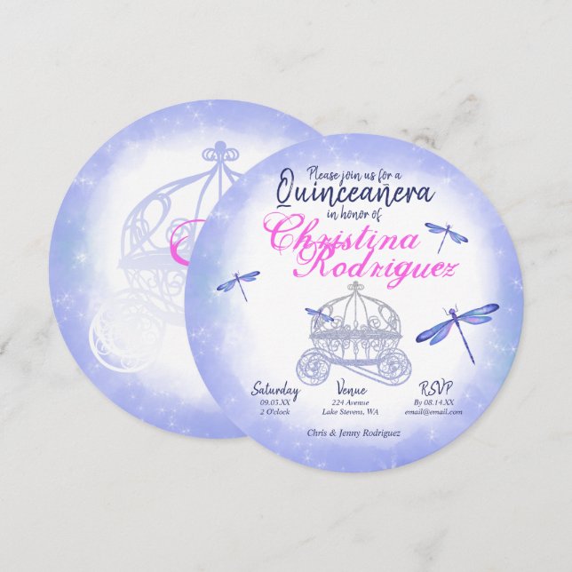 Bebidas azules, invitación de quinceañera rosada (Anverso / Reverso)