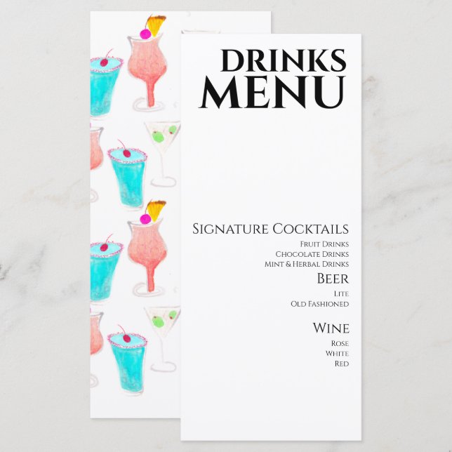 Bebidas Cóctel Vino Menú Boda Acuarela (Anverso / Reverso)