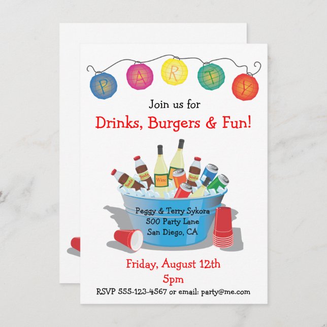 Bebidas fiestas Invitación con vino, refresco y ce (Anverso / Reverso)