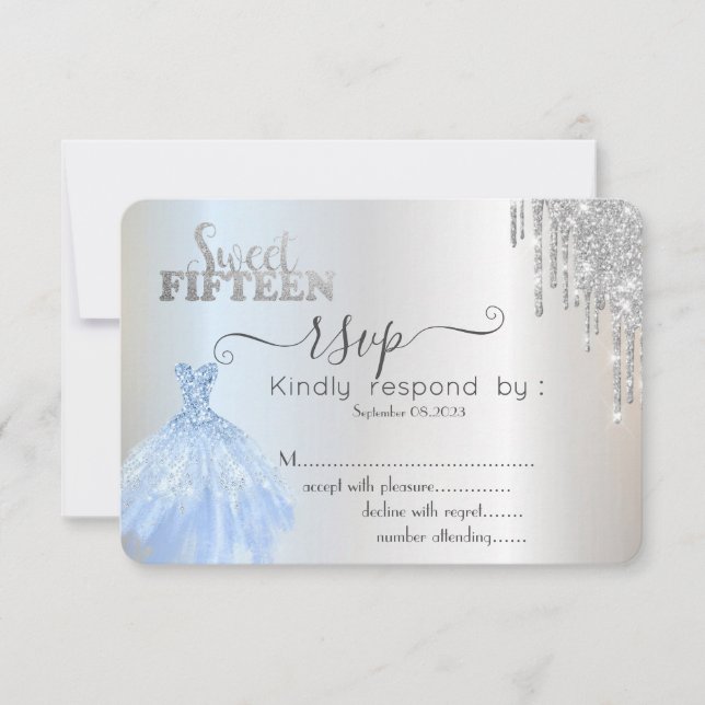 Bebidas plateadas Vestido azul Dulce 15 Invitación (Anverso)