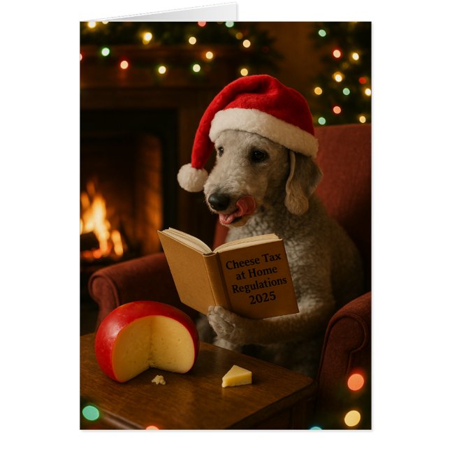 Bedlington Terrier 'Cheese Tax' Christmas card (Frente)