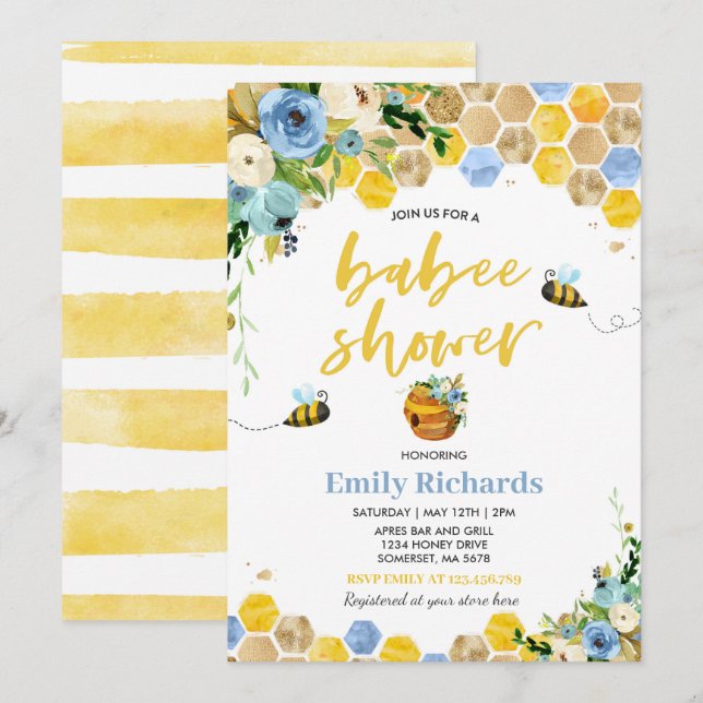 Bee Baby Shower Invitación Floral Babee Ducha (Anverso / Reverso)