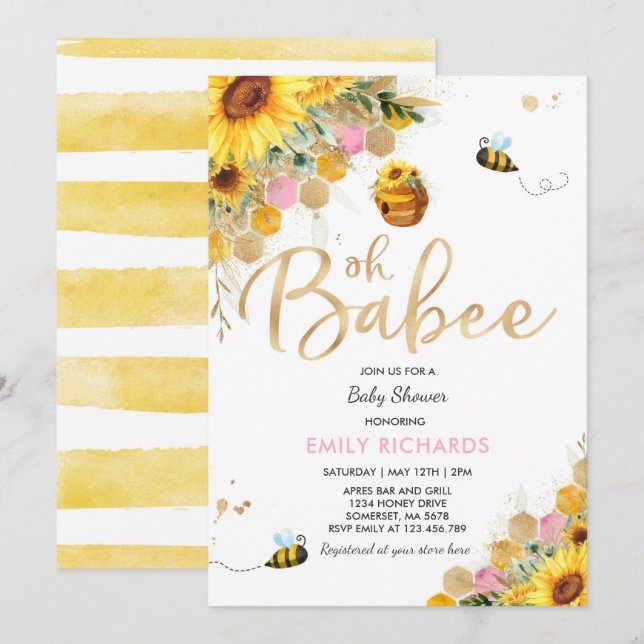 Bee Baby Shower Invitación Floral Babee Ducha (Anverso / Reverso)