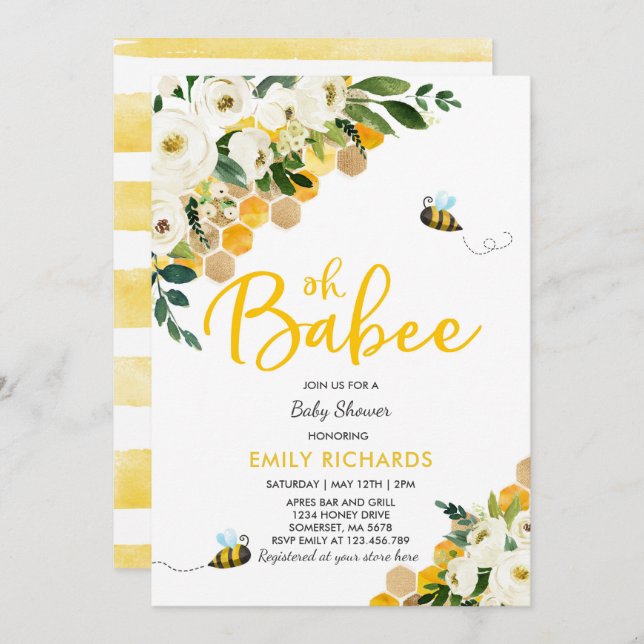 Bee Baby Shower Invitación Floral Babee Ducha (Anverso / Reverso)