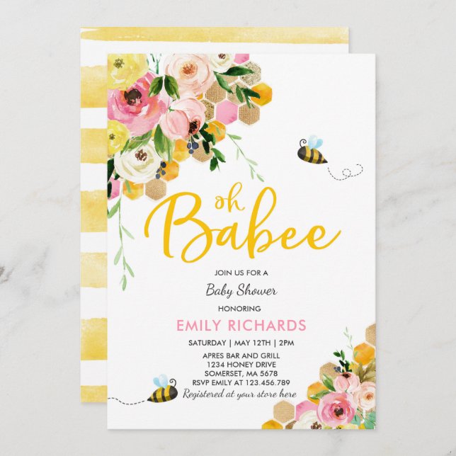 Bee Baby Shower Invitación Floral Babee Ducha (Anverso / Reverso)