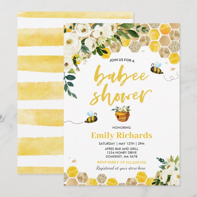 Bee Baby Shower Invitación Floral Babee Ducha (Anverso / Reverso)