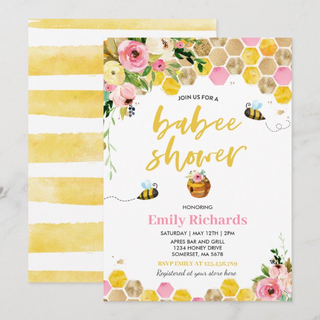 Bee Baby Shower Invitación Floral Babee Ducha (Anverso / Reverso)