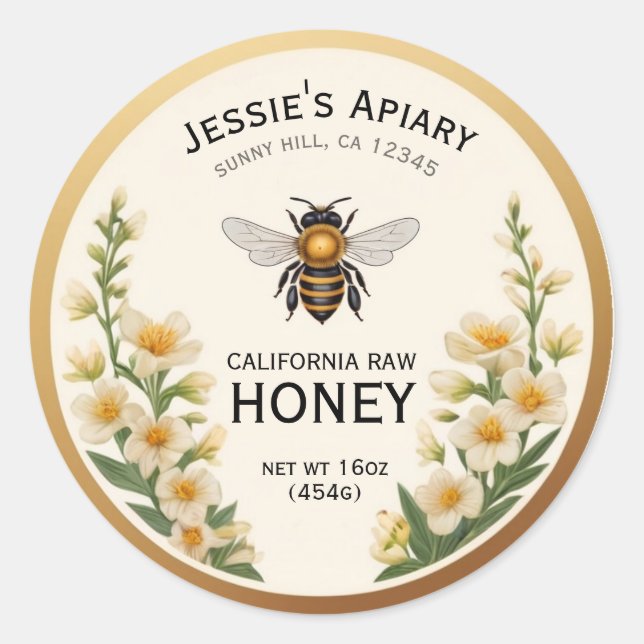 Bee Honey Jar Etiqueta Pegatina Flores Blancas Vin (Anverso)