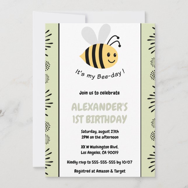 Bee invitaciones de 1er cumpleaños Cute Modern (Anverso)