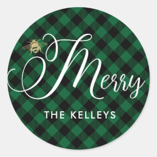 Bee Merry, Green Buffalo Check Round Gift Pegatina