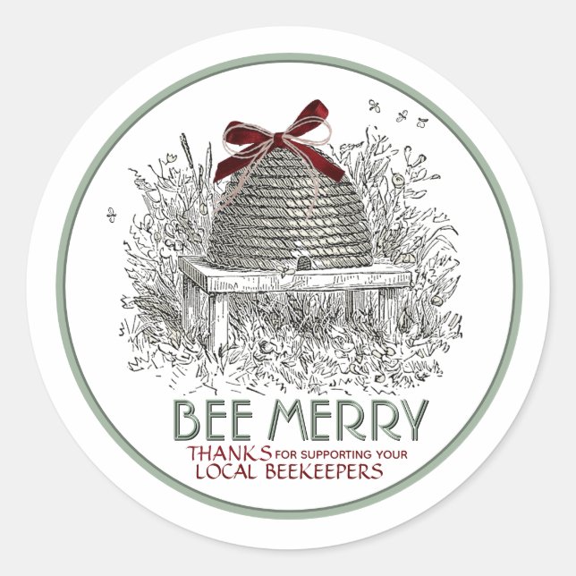 Bee Merry Holiday Honey Skep con Red Bow Pegatina (Anverso)