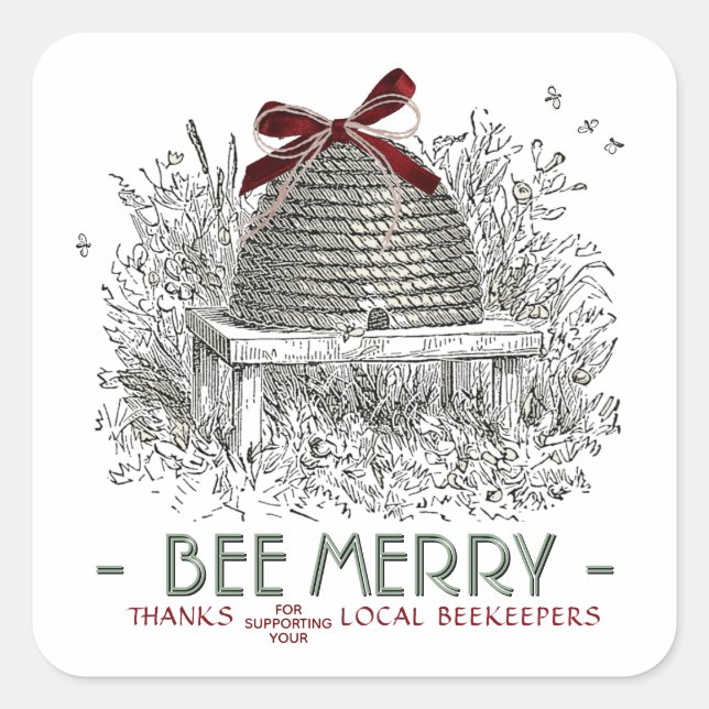 Bee Merry Holiday Pegatina Skep con rojo Bow (Anverso)