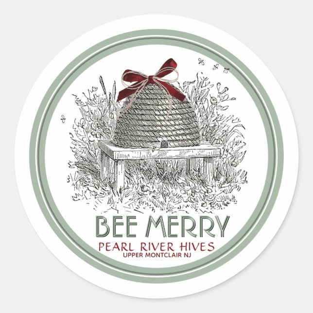 Bee Merry Holiday Pegatina Skep con rojo Bow (Anverso)