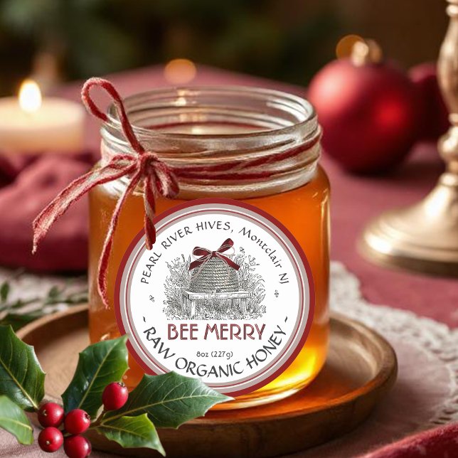Bee Merry Holiday Pegatina Skep con rojo Bow (Subido por el creador)
