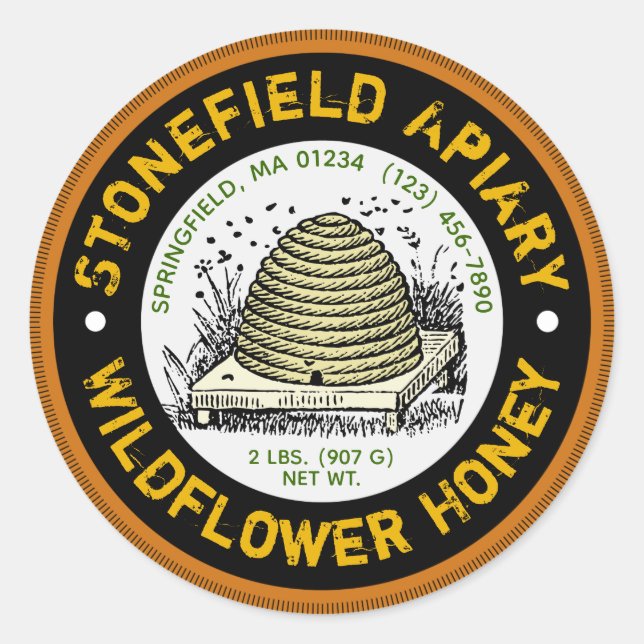 Beehive Apiary Name Dark Amber Honey Jar Pegatinas (Anverso)