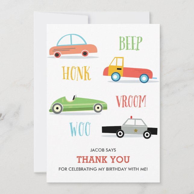 Beep Honk Woo Kid cumpleaños tarjeta de agradecimi (Anverso)