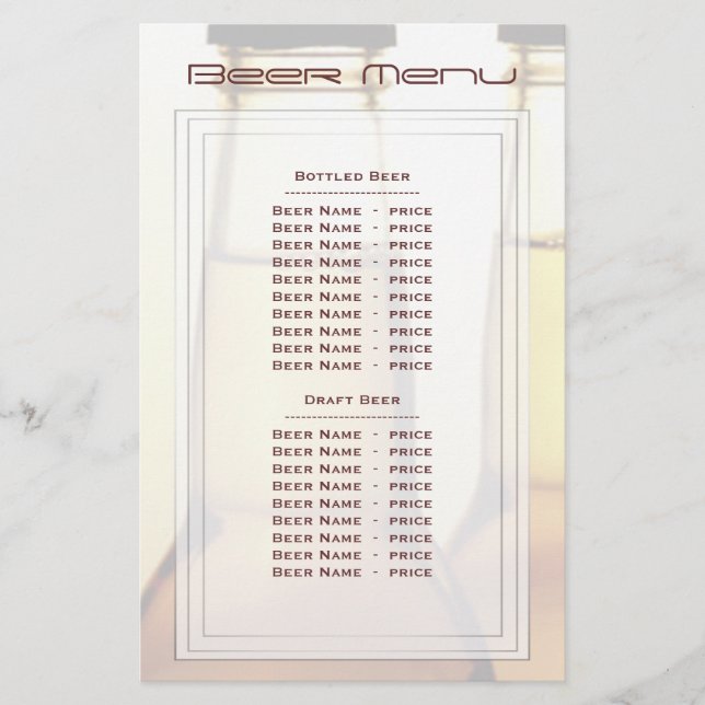 Beer Bottle Beer Menu (Anverso)