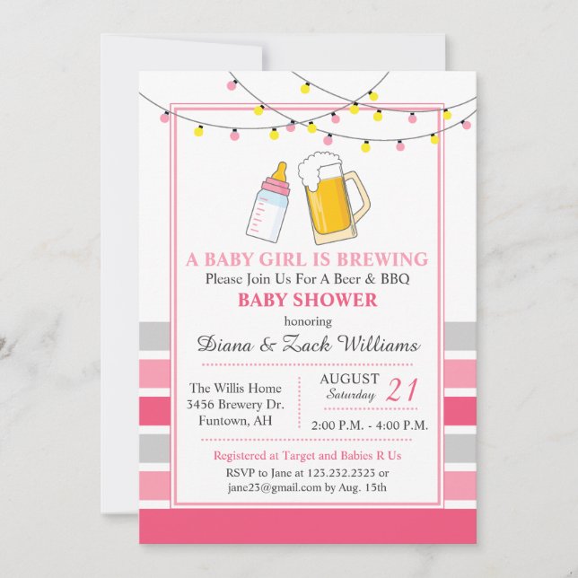 Beer y Baby Shower Invitación rosa (Anverso)