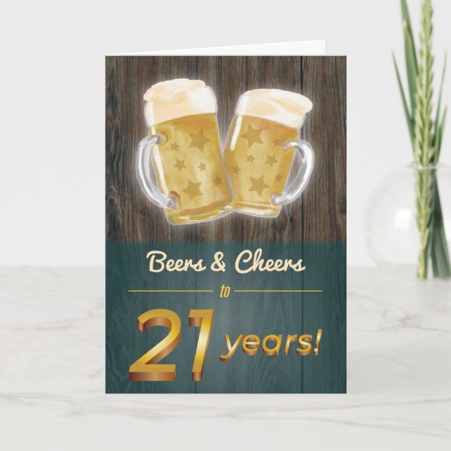 Beers & Cheers Wood Tarjeta de 21º cumpleaños (Anverso)