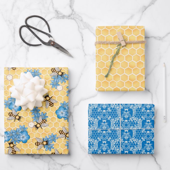 Bees Honey Honeycomb Envoltura Papel conjunto de 3 (Anverso)