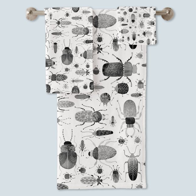 Beetle Black & White (Inky black and white beetle painting towel set for bug and nature lovers.)