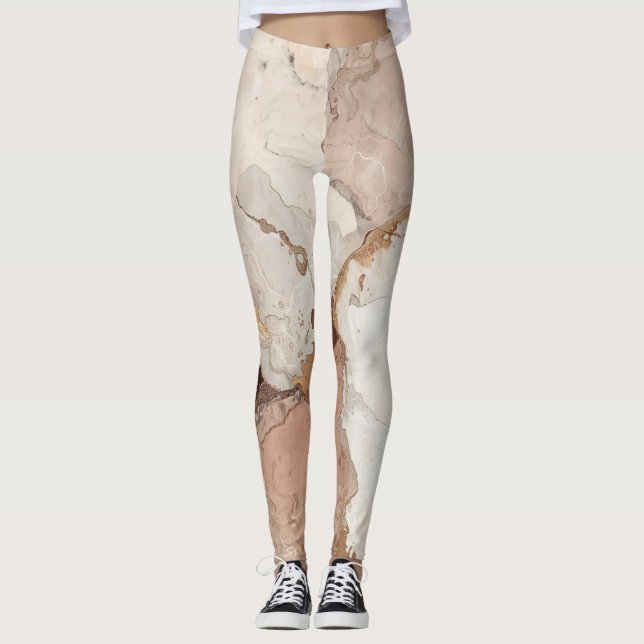 Beige and White Marble Abstract design Leggings (Anverso)