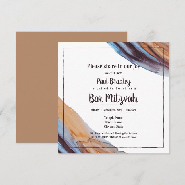 Beige, azul, berenjena Bar Invitación Mitzvah (Anverso / Reverso)