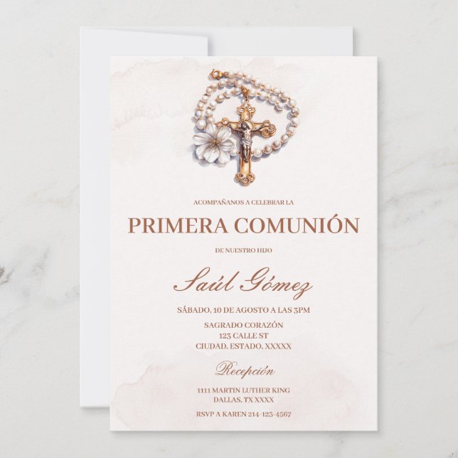 Beige crucifix primera comunión Invitación español (Anverso)