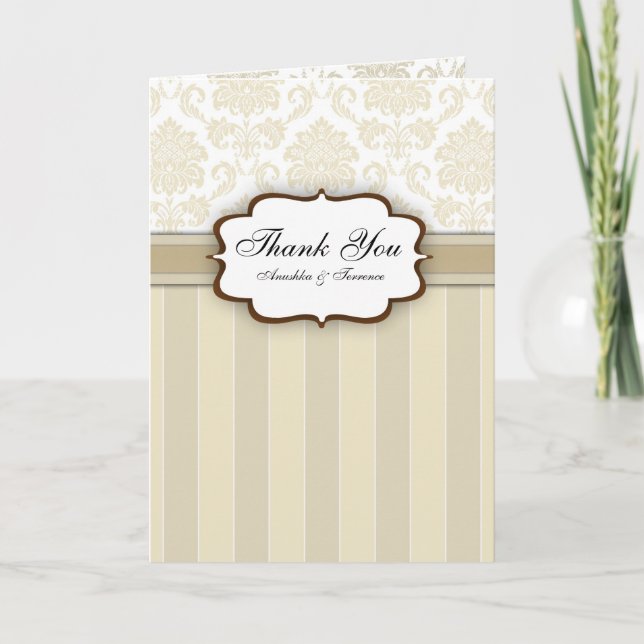 Beige Damask Stripe Boda Agradecimiento (Anverso)