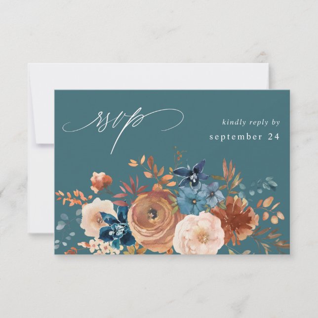 Beige & Dusty Blue Floral w Meal RSVP - Verde azul (Anverso)
