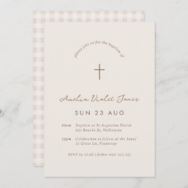 Beige Gingham Baptism Christening Cross Invitación