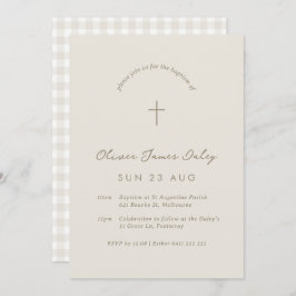 Beige Gingham Baptism Christening Cross Invitación