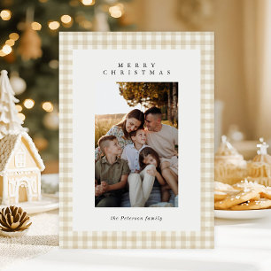 Beige Gingham Plaid Foto Feliz Navidad