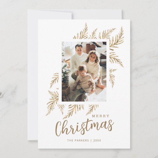 Beige Gold Leave Familia Foto Tarjeta de Navidad F (Anverso)