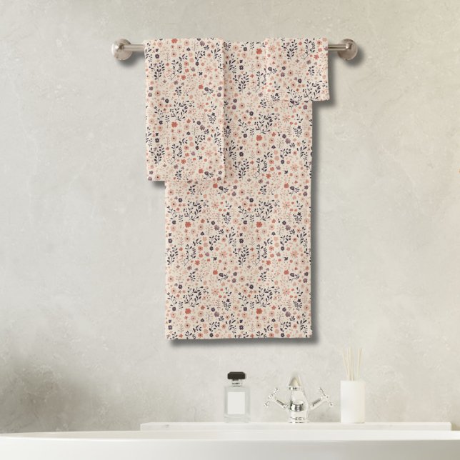 Beige Rubor Pink Blue Coral Boho Wildflowers (Boho Wildflowers in beige, blush pink, coral, blue/purple. Bath towel set)