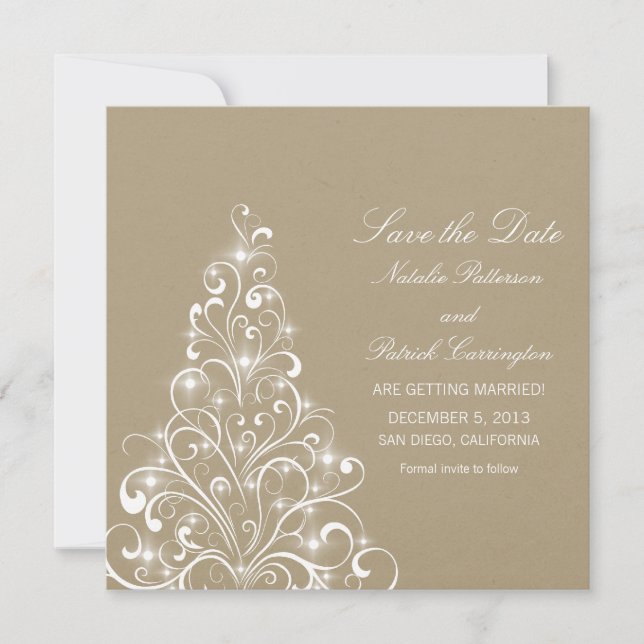 Beige Sparkly Holiday Tree Guardar la invitación d (Anverso)