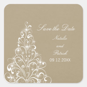 Beige Sparkly Holiday Tree Save the Date Pegatinas