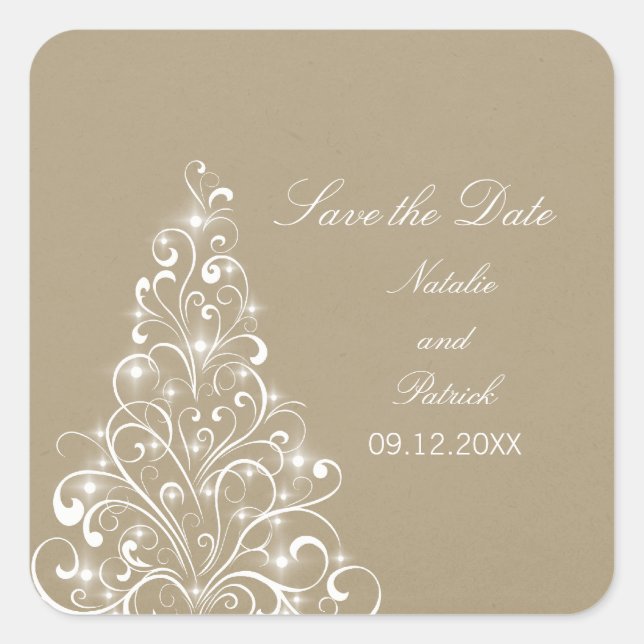 Beige Sparkly Holiday Tree Save the Date Pegatinas (Anverso)