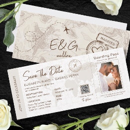 Beige Tarjeta de embarque Boda de viajes Código Qr