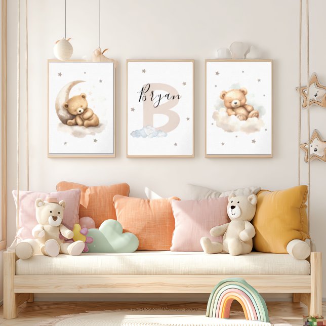 Beige Teddy Bear Nursery Wall Art Set Moon & Cloud (Subido por el creador)