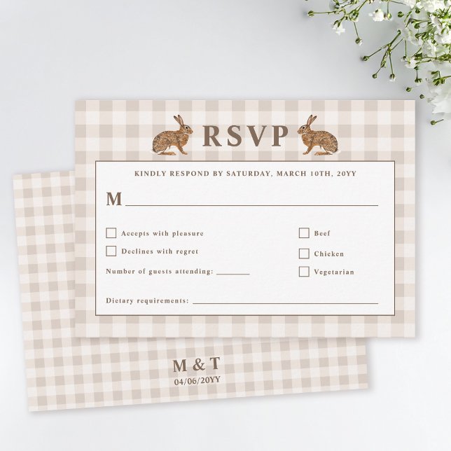 Beige Woodland Hare Bunnies Wedding RSVP Card (Subido por el creador)