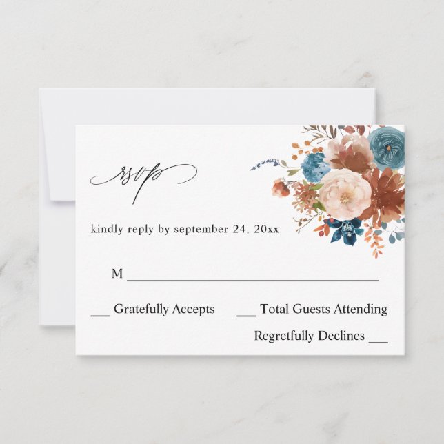 Beige y Dusty Floral azul no comida RSVP (Anverso)