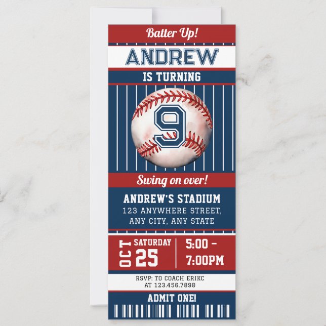 Béisbol Partido de Cumpleaños Invitación Ticket (Anverso)