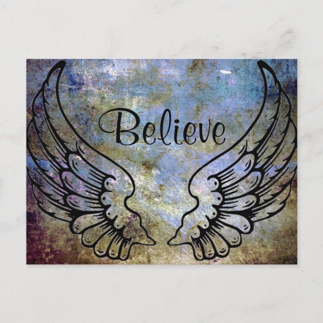 Believe - Tarjeta postal celeste de Angel Wings (Anverso)