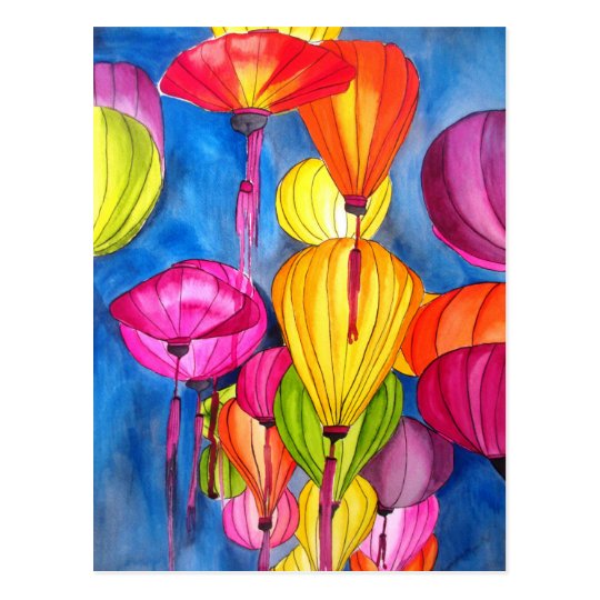 Bella arte china del watercolour de las linternas postal