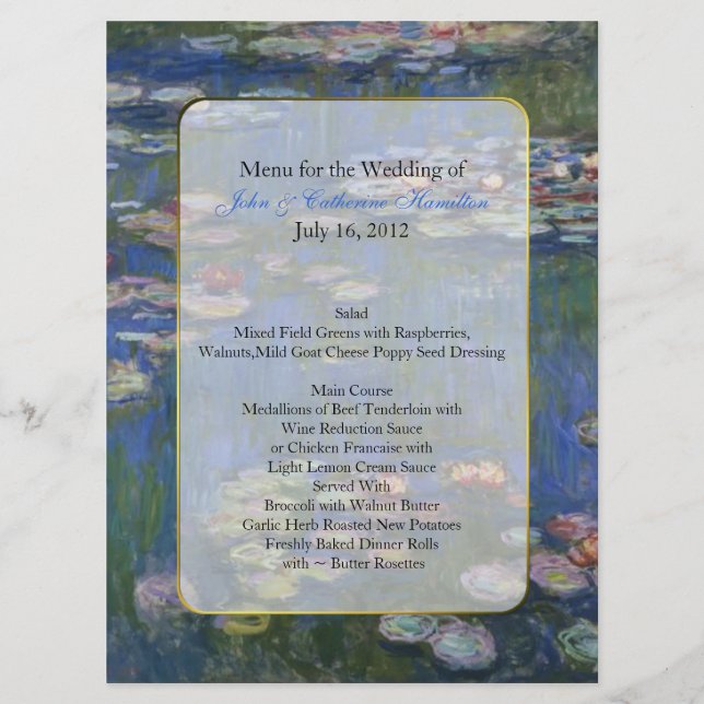Bella Artes Water Lilies Boda Table Menú (Anverso)
