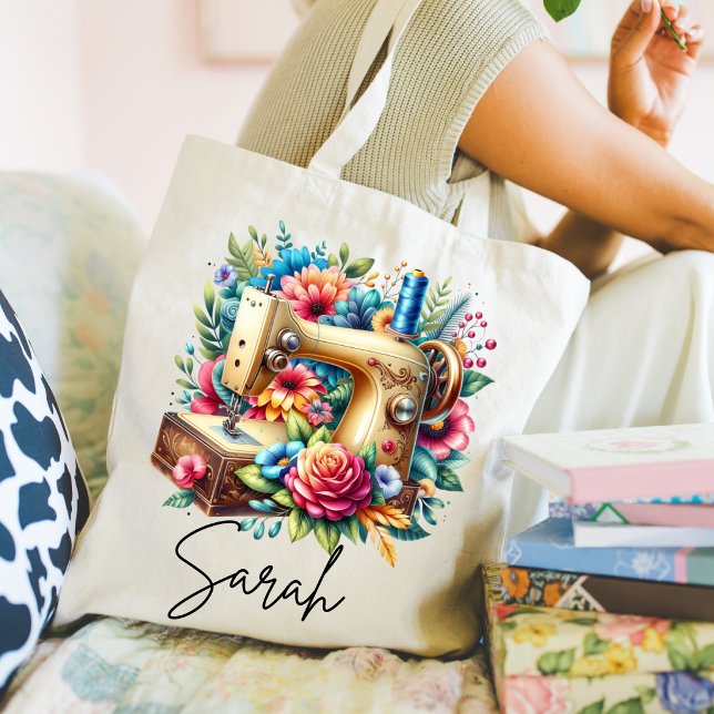 Bella bolsa tote de máquina de coser (Cute sewing machine hobby tote bag. )
